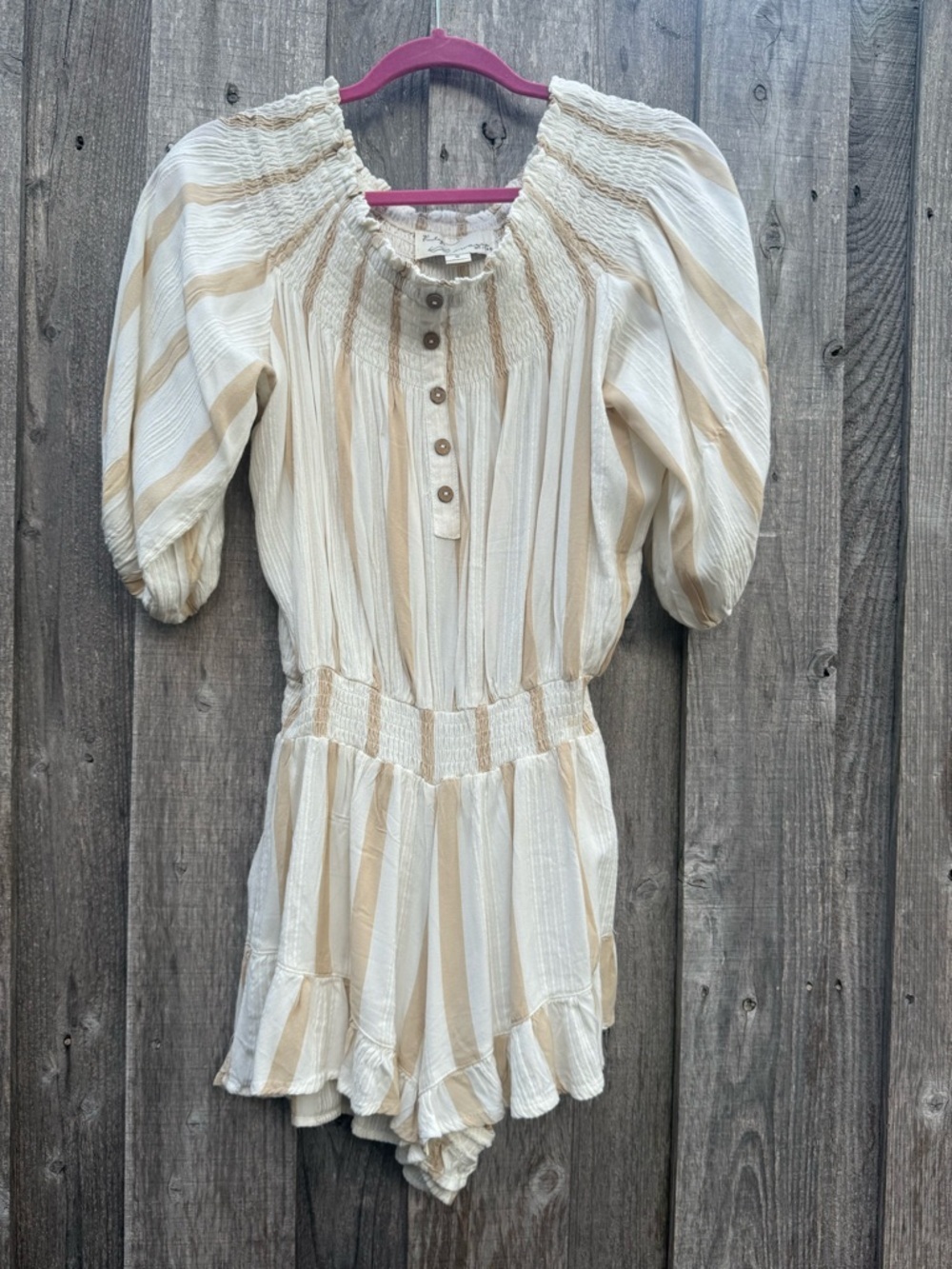 Vintage Havana Cream Beige Stripe Smocked Romper Boho NWOT Medium